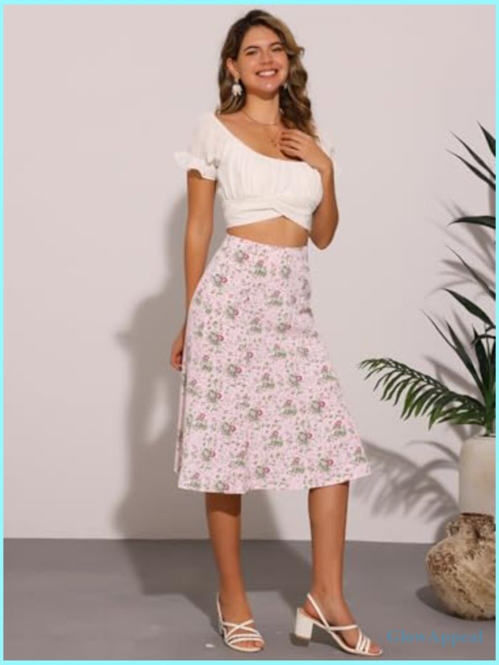 Ditsy Floral Print Peasant Elastic Waist A-Line Midi Skirt - Picture 2 of 5